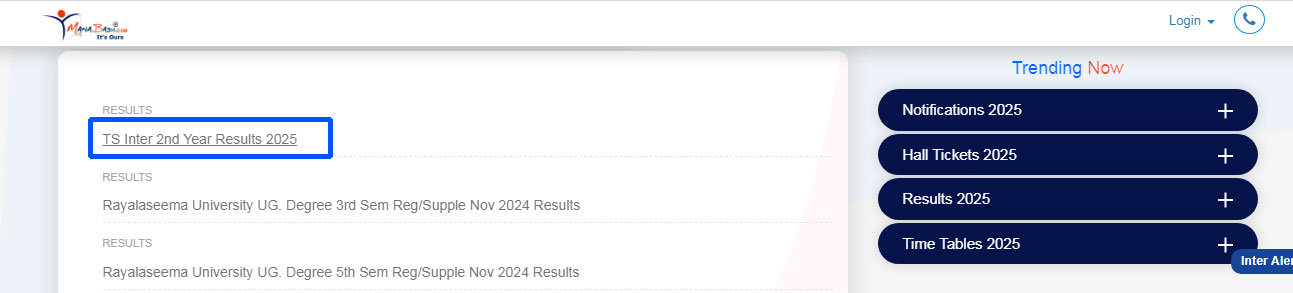 TS Inter 2nd year Results, Navigate to the MANABADI official results portal: manabadi.co.in