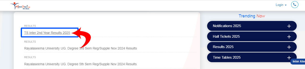 TS Inter 2nd year Results, On the homepage, find and click on the link labeled 'Inter Result 2025'
