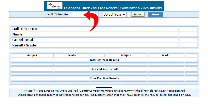 TS Inter 2nd year Results Enter Roll Number