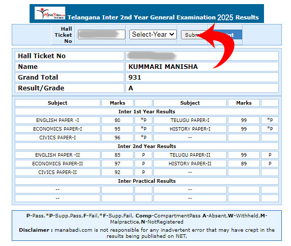 TS Inter 2nd year Results Enter Submit