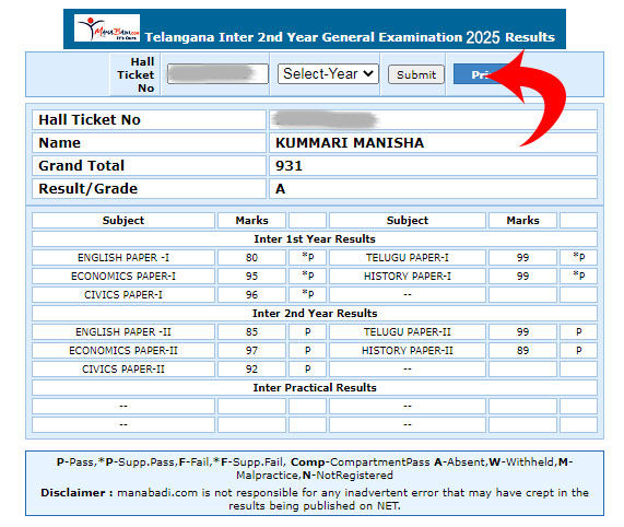TS Inter 2nd year Results Download and Print